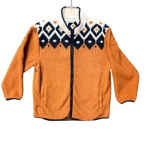 Lands' End Fair Isle Sherpa Fleece Jacket Orange Large 14-16 Geometric